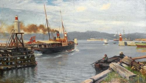 Nils Hansteen Fjordabat stevner ut Trondheim havn Spain oil painting art